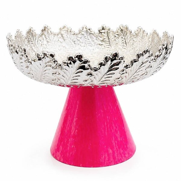 Silver jewelry display bowl with pink stand for elegant presentation.