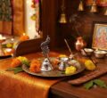 Silver puja thali with peacock design, flowers, and incense in a spiritual setting.