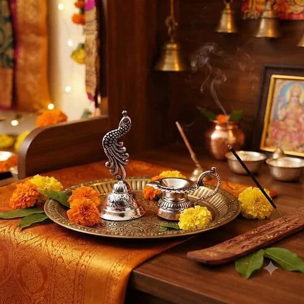 Silver puja thali with peacock design, flowers, and incense in a spiritual setting.
