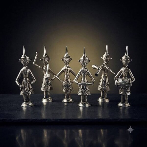 Set of seven silver tribal figurines with intricate details and pointed hats.
