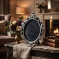Decorative oval mirror with ornate silver frame on a vintage table.