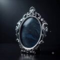 Ornate silver-plated oval mirror with intricate baroque design.
