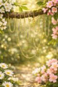 Multiple delicate gold chains hanging on a tree branch with pink and white flowers.