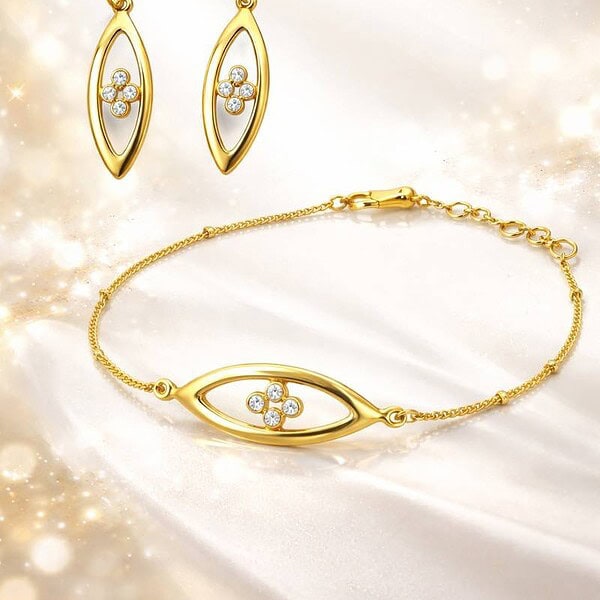 Gold earrings and bracelet with small diamonds for women and teens.