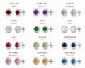 Collection of birthstone stud earrings for each month in silver with colored gemstones.