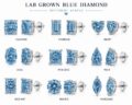Collection of lab grown blue diamond earrings in various shapes.
