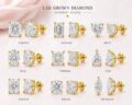 Various lab grown diamond stud earrings in different shapes with gold settings.