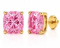 Pink lab grown diamond stud earrings with gold settings for women and teens.