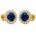 Gold-plated silver earrings with deep blue sapphires and surrounding diamonds.
