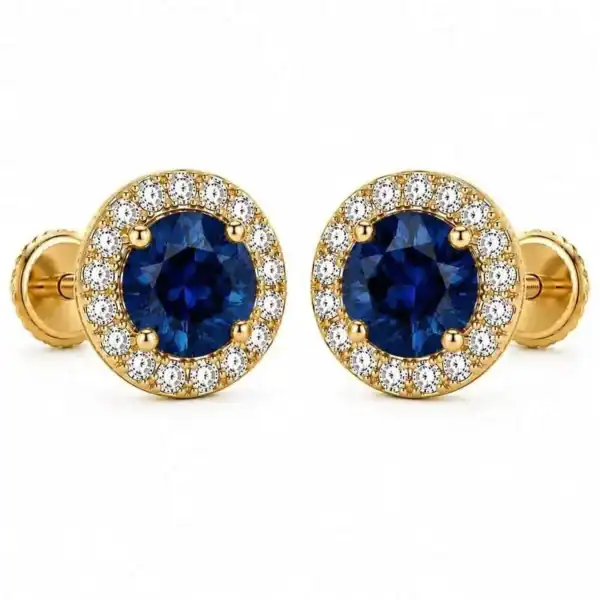 Gold-plated silver earrings with deep blue sapphires and surrounding diamonds.