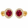 Gold stud earrings with central ruby and surrounding diamonds for women and teens.