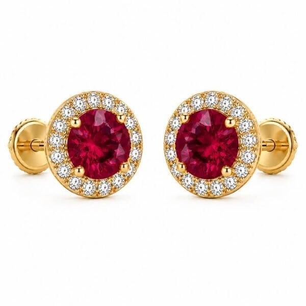 Gold stud earrings with central ruby and surrounding diamonds for women and teens.