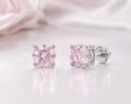 Pink diamond stud earrings in sterling silver setting for women and teens.