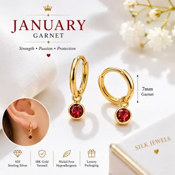 Gold-plated earrings with red garnet stones for women and teens.