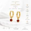 Gold hoop earrings with red garnet drop charms for women and teens.