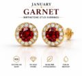 Elegant garnet birthstone stud earrings with gold plating and diamond accents.