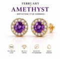 Elegant amethyst birthstone stud earrings with gold accents and diamond halo.