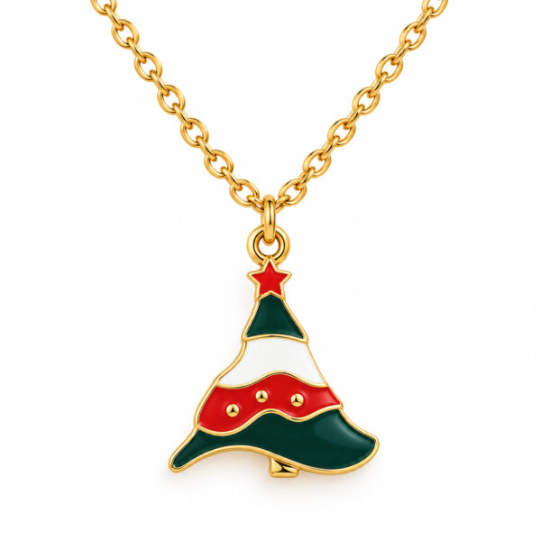 Gold-tone Christmas tree pendant on chain with red, white, and green enamel.