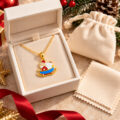 Gold necklace with Santa sleigh pendant in gift box for kids or teens.