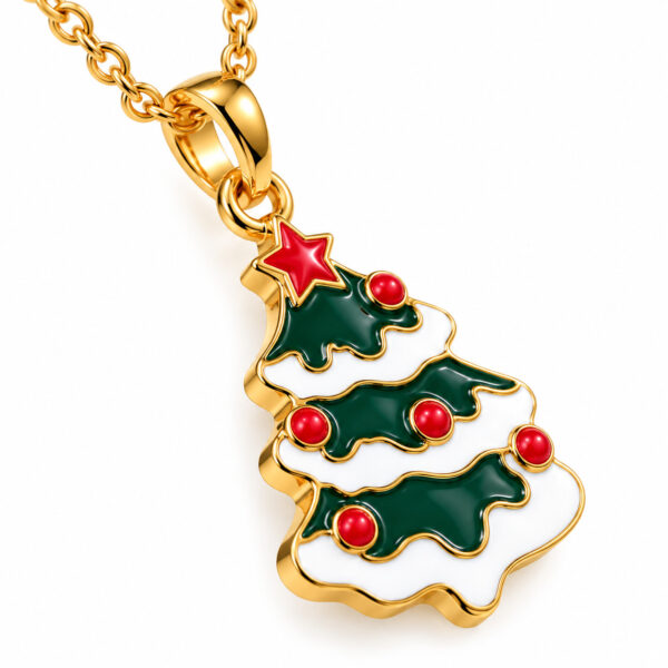 Gold-plated Christmas tree pendant with red and green enamel accents.