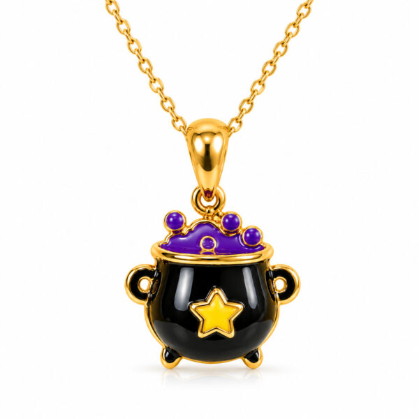 Gold pendant necklace with witch cauldron and star design for women and teens.