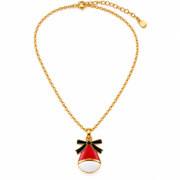 Gold Santa hat necklace with red enamel pendant and black bow on 925 sterling silver chain.