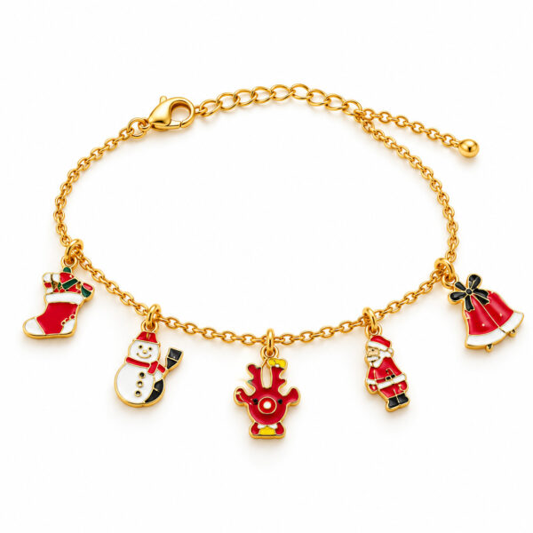 Gold-tone bracelet with festive enamel charms including reindeer, snowman, and Santa.