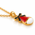 Close-up of gold-plated Santa hat pendant with red, white and black enamel.