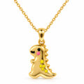 Gold dinosaur pendant necklace with colorful accents for children.