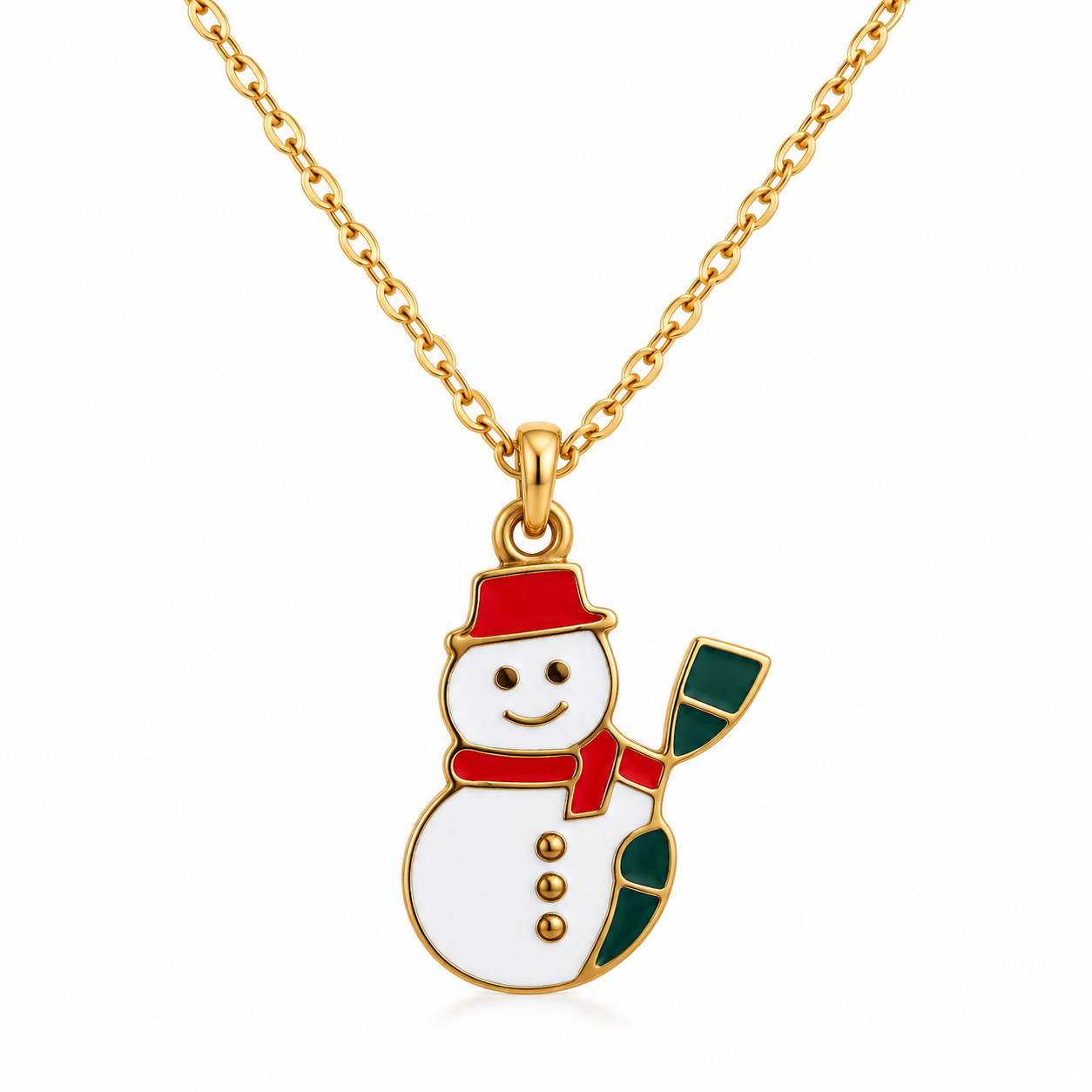 Snowman Pendant Gold chain necklace with snowman charm in red hat and scarf.