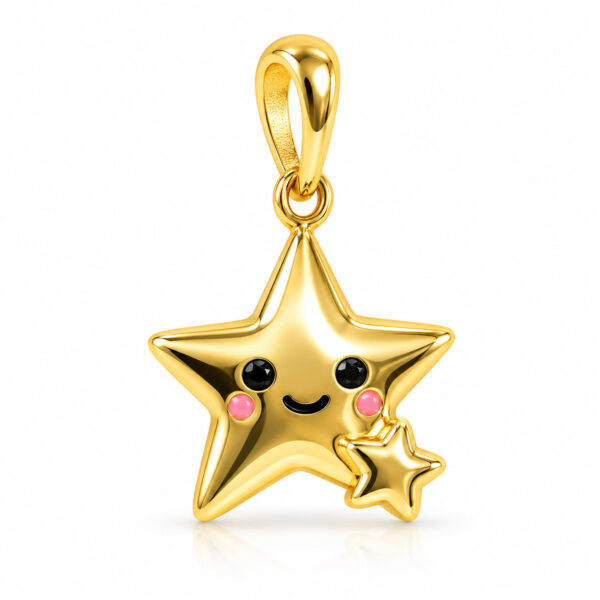 Cute gold star pendant with smiley face and pink cheeks for women and teens.