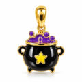 Gold pendant shaped like a cauldron with purple and yellow enamel accents.