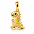 Gold dinosaur pendant with pink and yellow accents for kids or teens.