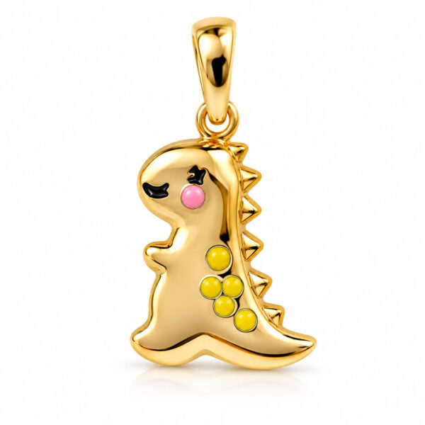 Gold dinosaur pendant with pink and yellow accents for kids or teens.